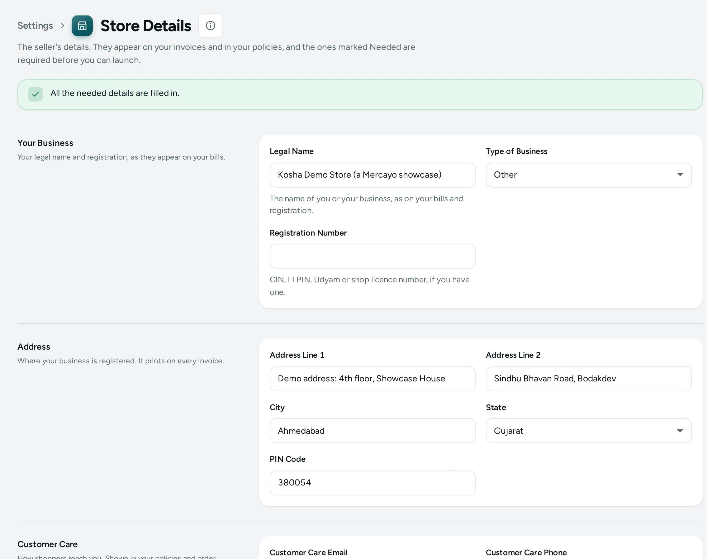 Store Details on the Kosha demo store, with its six sections