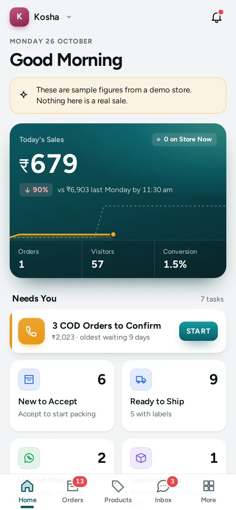 The app's Home on the Kosha demo store, with sample figures