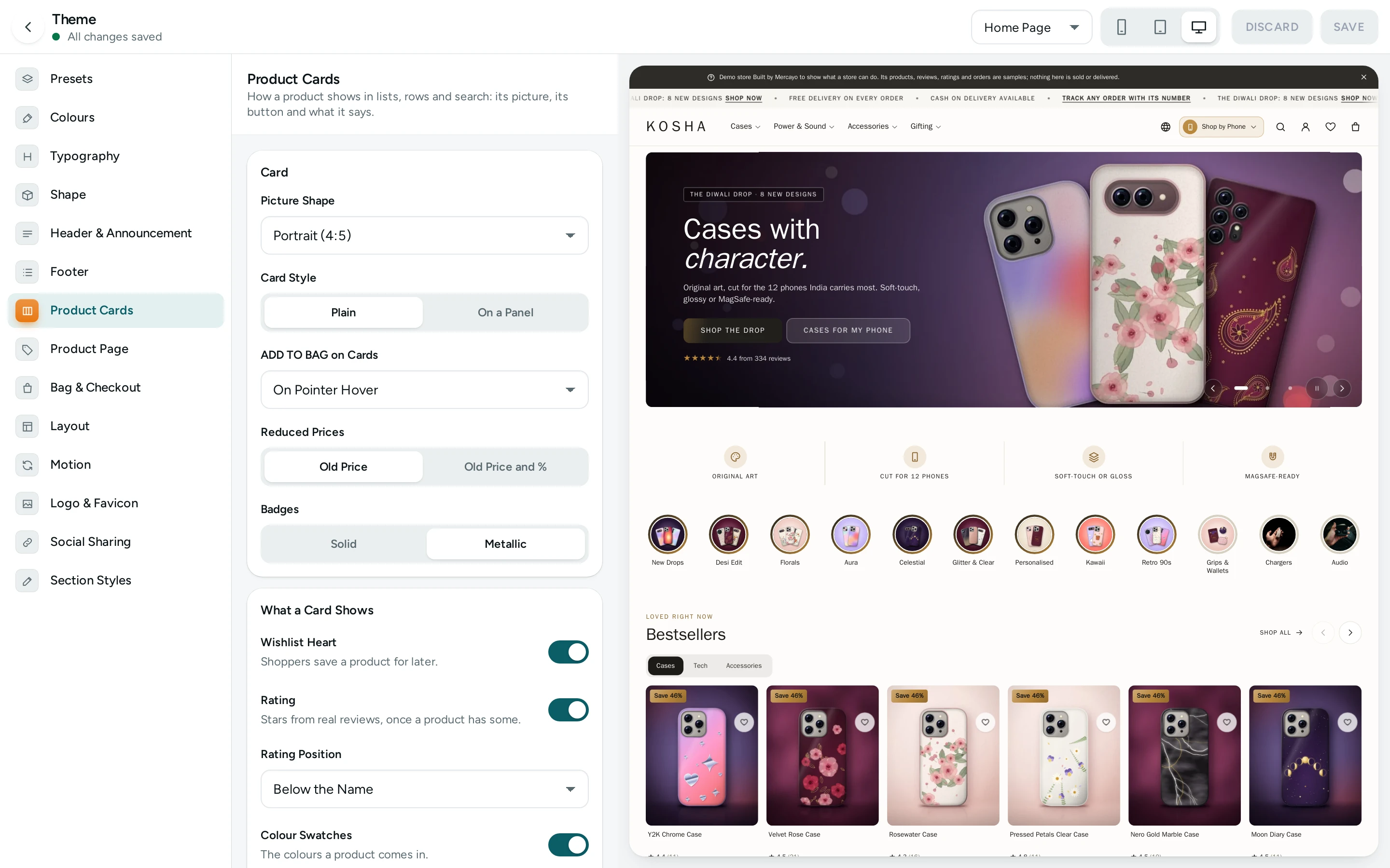 The Product Cards section: picture shape, the ADD button, what a card shows and the product rows settings