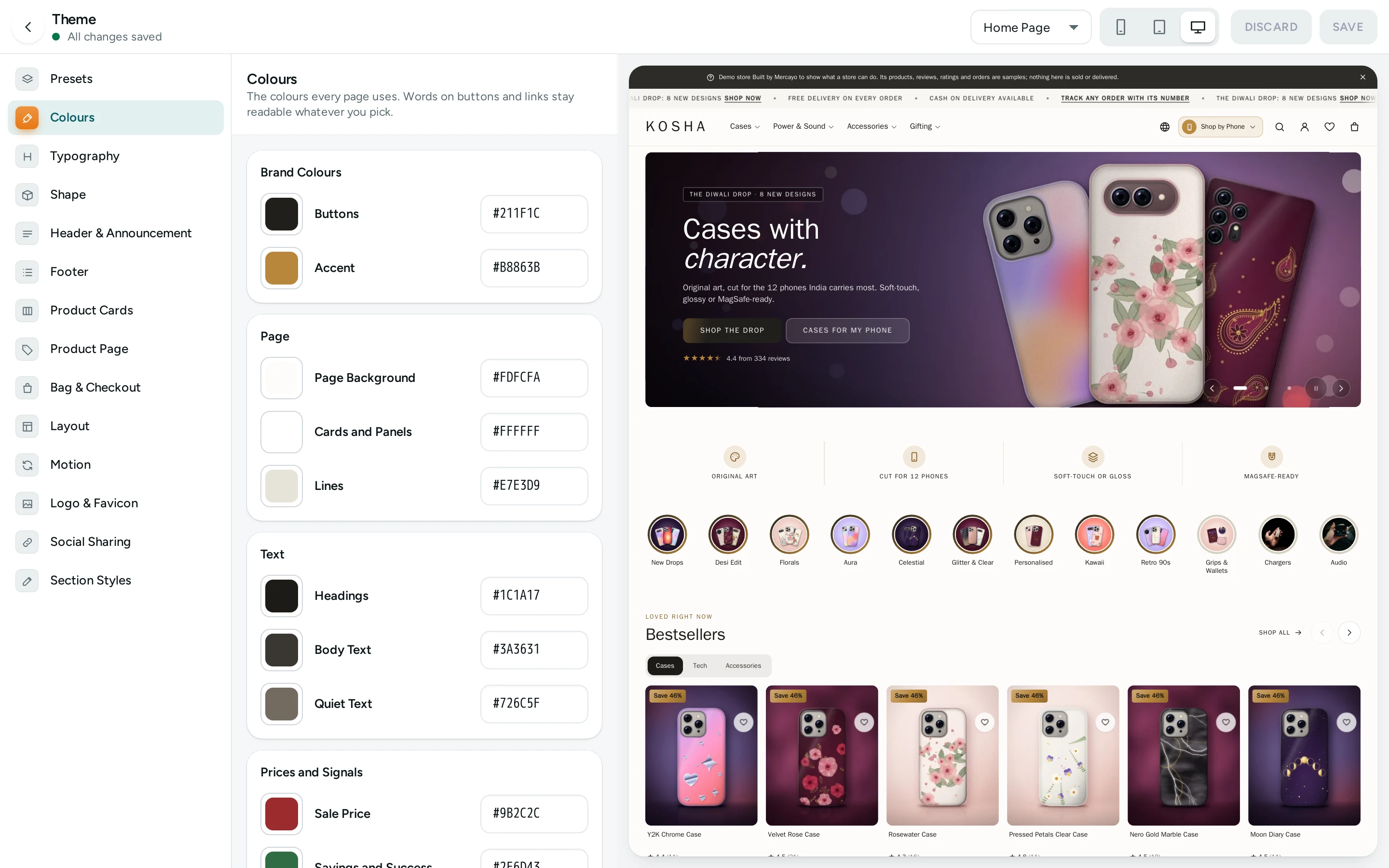 The Colours section: brand, page, text and signal colours with the readability checks