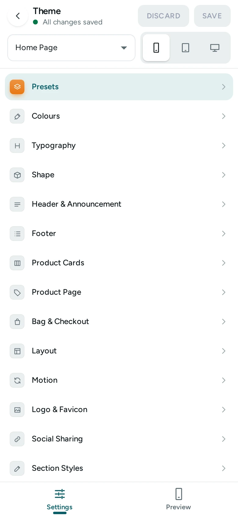The Theme screen on a phone: the list of sections, with the Settings and Preview tabs at the foot