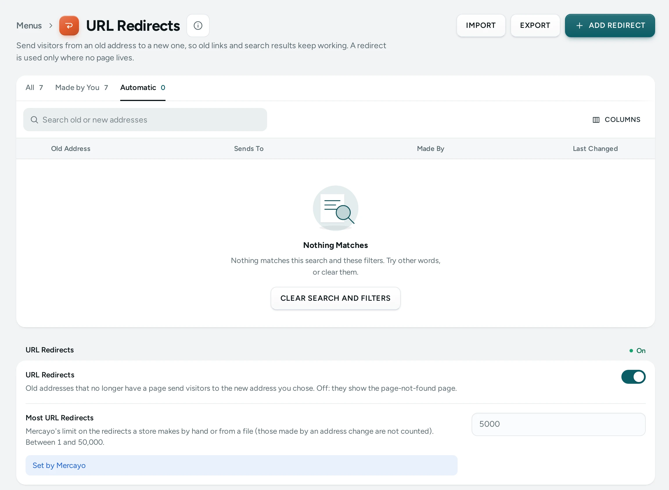 The Automatic tab: redirects made when pages and products changed address