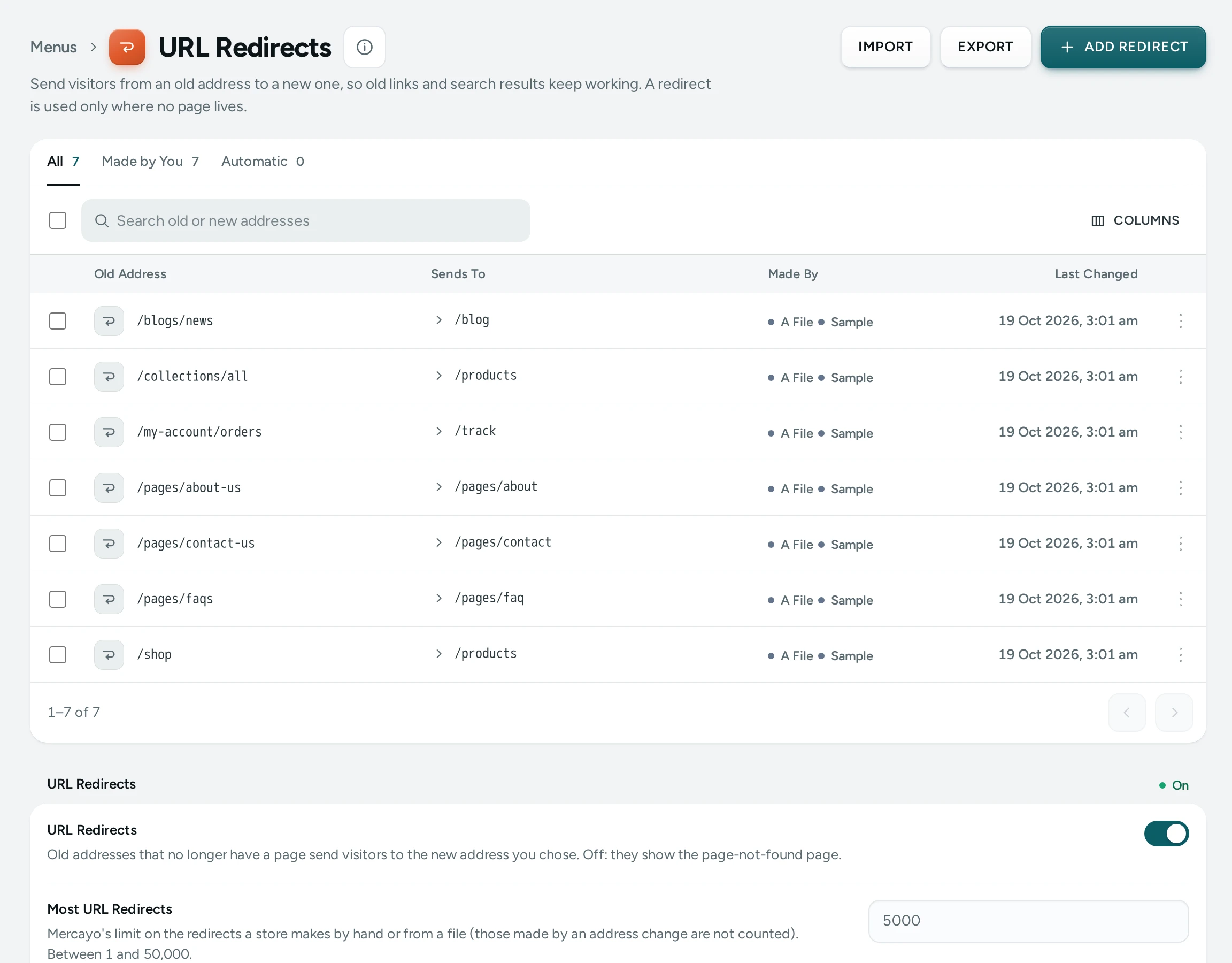 The URL Redirects screen on the Kosha demo store: old addresses, where they send visitors, and who made them