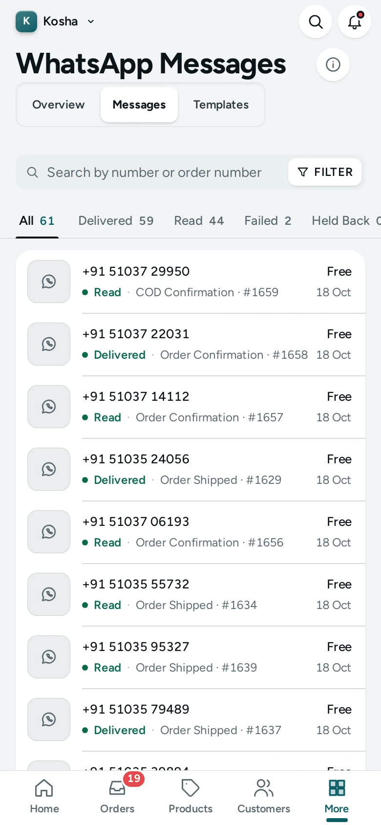 The WhatsApp Messages log on a phone