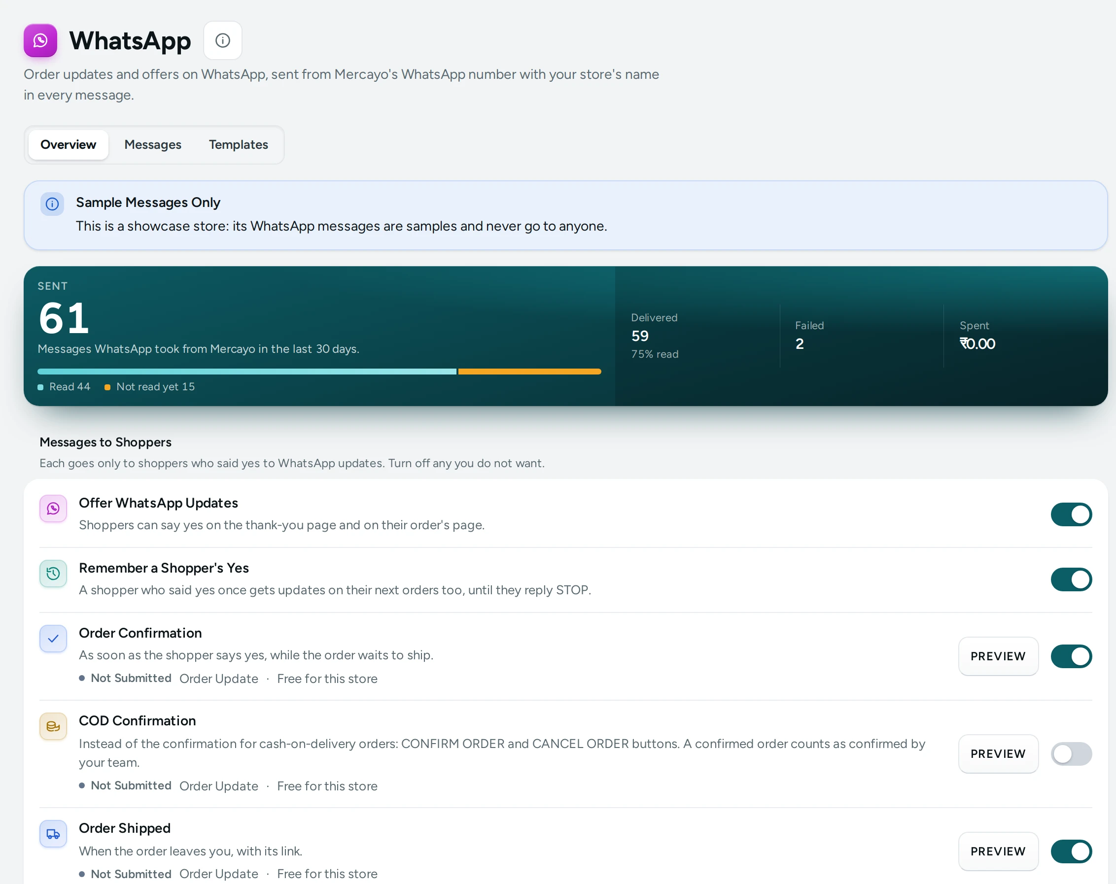 The WhatsApp screen on Kosha, with each message, its approval and its switch