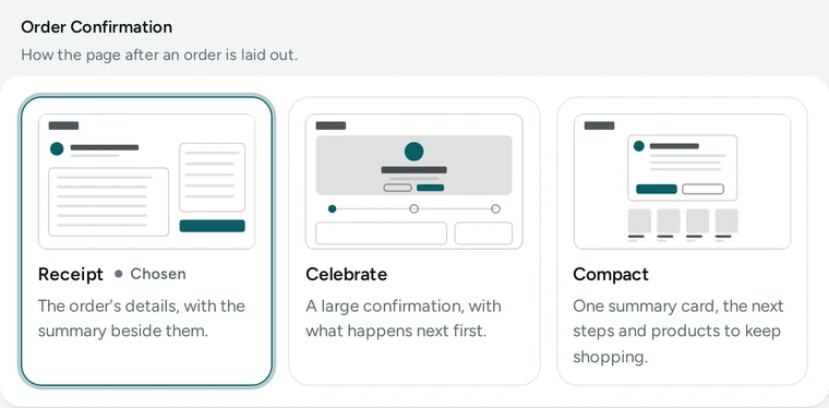 The order confirmation's three layouts, as the Look screen shows them