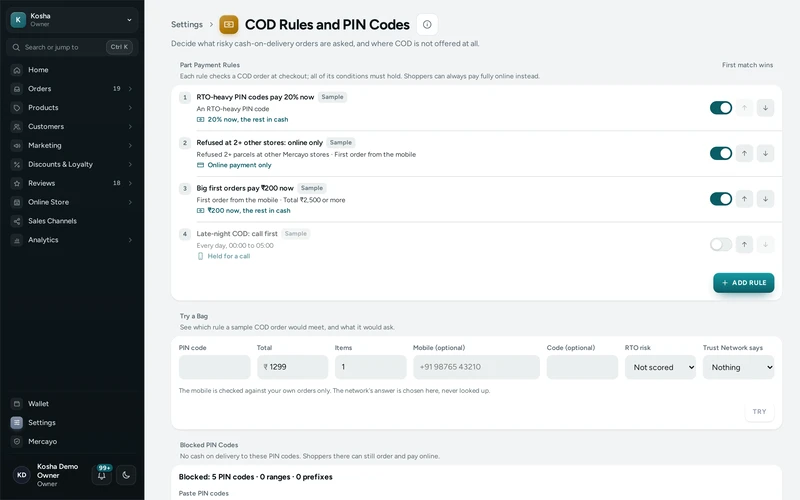 Settings → COD Rules and PIN Codes on Kosha. The rules are samples.