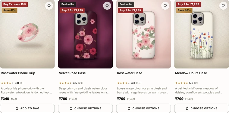 Detailed: the product cards layout on the Kosha demo store