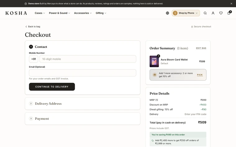 Accordion: the checkout layout on the Kosha demo store