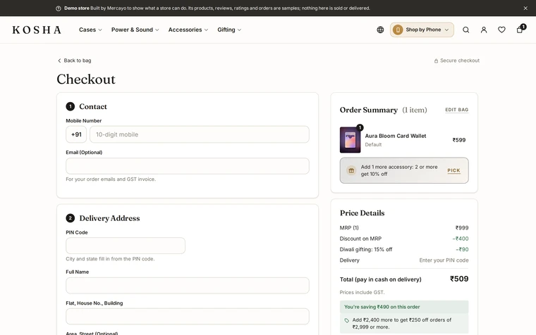 One Page: the checkout layout on the Kosha demo store