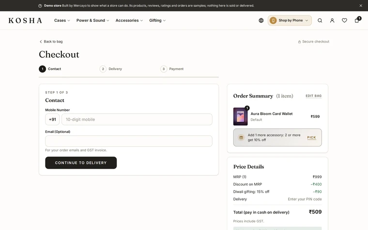 Steps: the checkout layout on the Kosha demo store