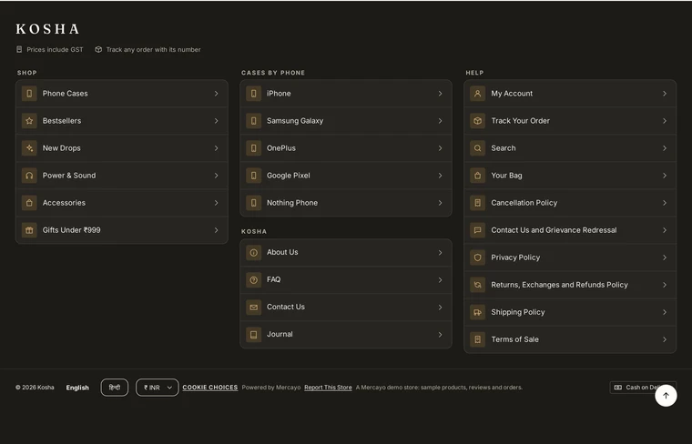 App Style: the footer layout on the Kosha demo store