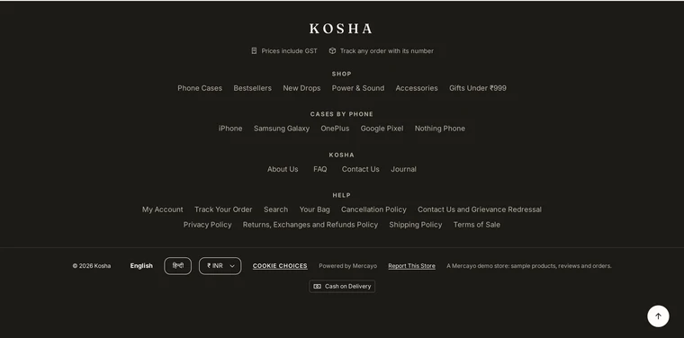Centred: the footer layout on the Kosha demo store