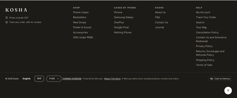 Columns: the footer layout on the Kosha demo store