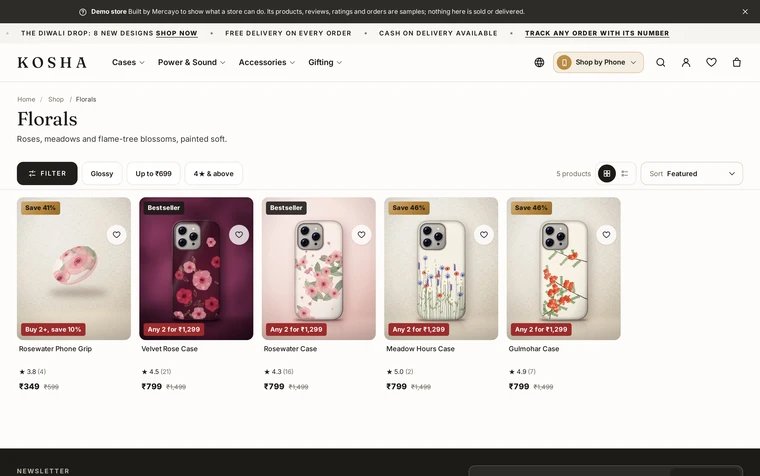 Drawer: the product lists layout on the Kosha demo store