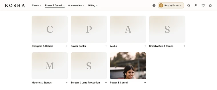 Picture Tiles: the menu panels layout on the Kosha demo store