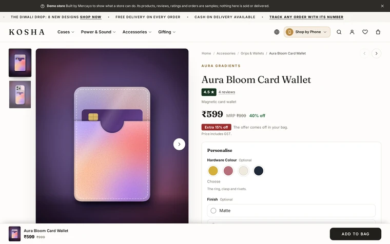 Side by Side: the product page layout on the Kosha demo store