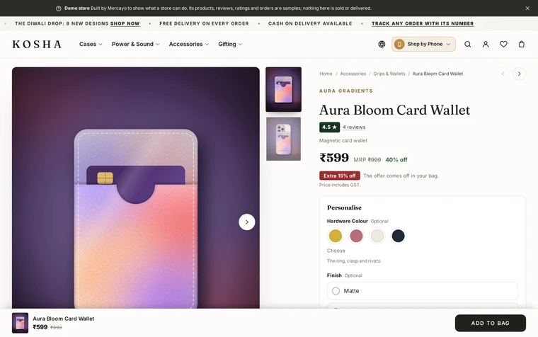 Thumbnail Rail: the product page layout on the Kosha demo store