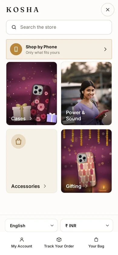 Picture Cards: the phone menu layout on the Kosha demo store