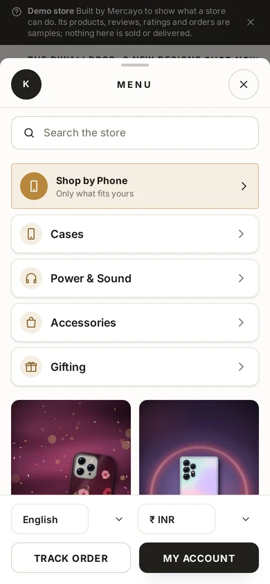 Bottom Sheet: the phone menu layout on the Kosha demo store