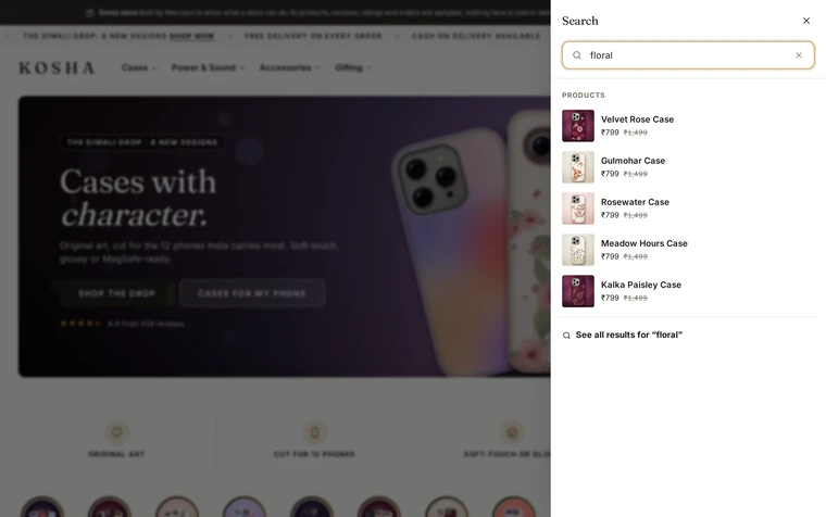 Side Drawer: the search layout on the Kosha demo store