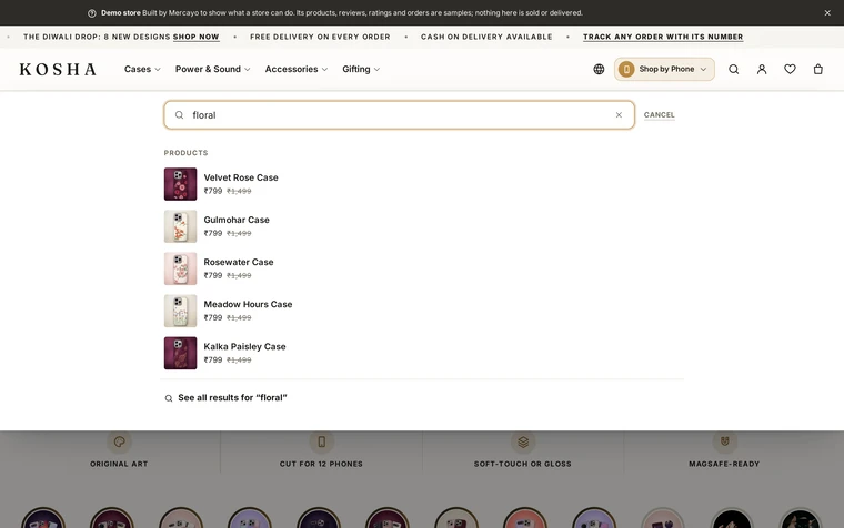Dropdown: the search layout on the Kosha demo store