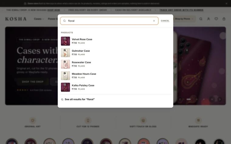 Overlay: the search layout on the Kosha demo store