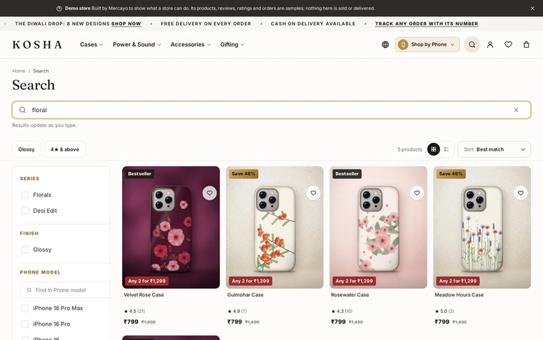 Search Page: the search layout on the Kosha demo store