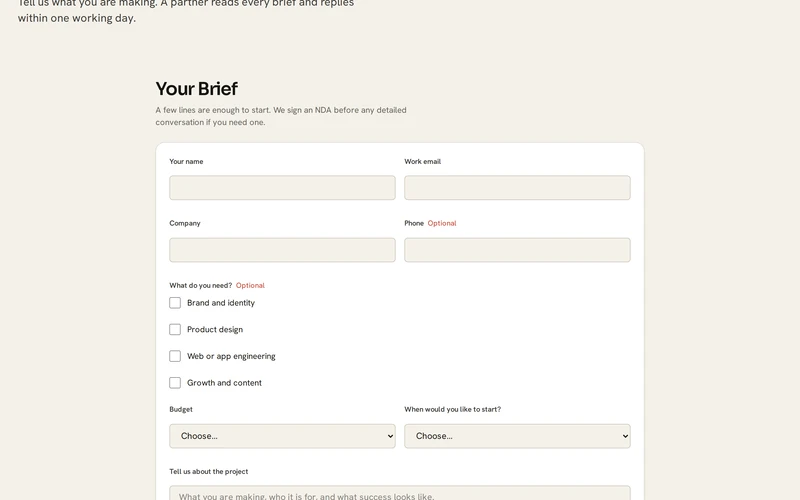 Nayaroop Studio's contact page with its project brief form, on a computer